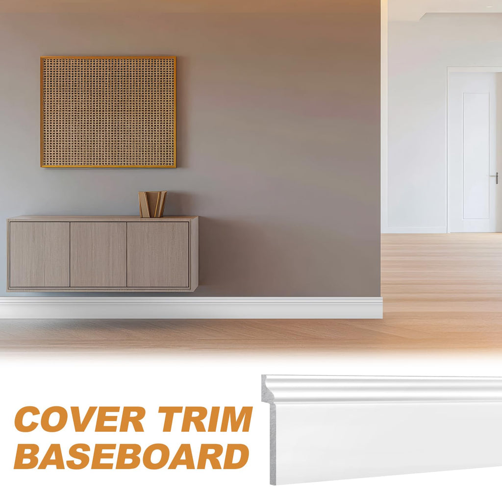 4 Pcs 39.4 x 5.5 in White Wall Baseboard Covers Skirting Board Covers for 4.13 x 0.5in Baseboard Trim Polystyrene