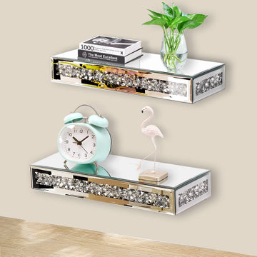 Mirrored Floating Shelves - Crystal Crushed Diamond Modern Wall Shelves Set of 2, Gorgeous Glass Mirror Shelf Decor
