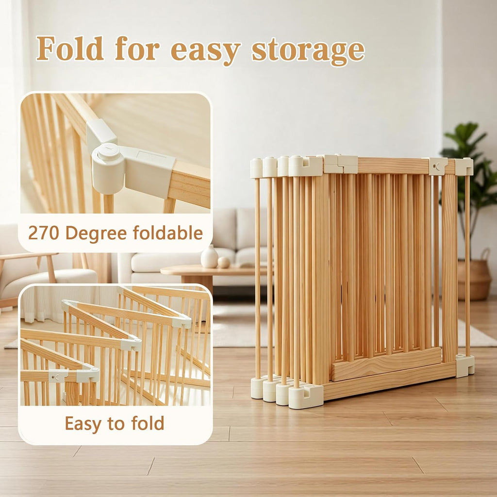Baby Playpen, Wooden Play Yard with Gate, Playpen for Babies and Toddlers, Baby Activity Center with Child-Proof