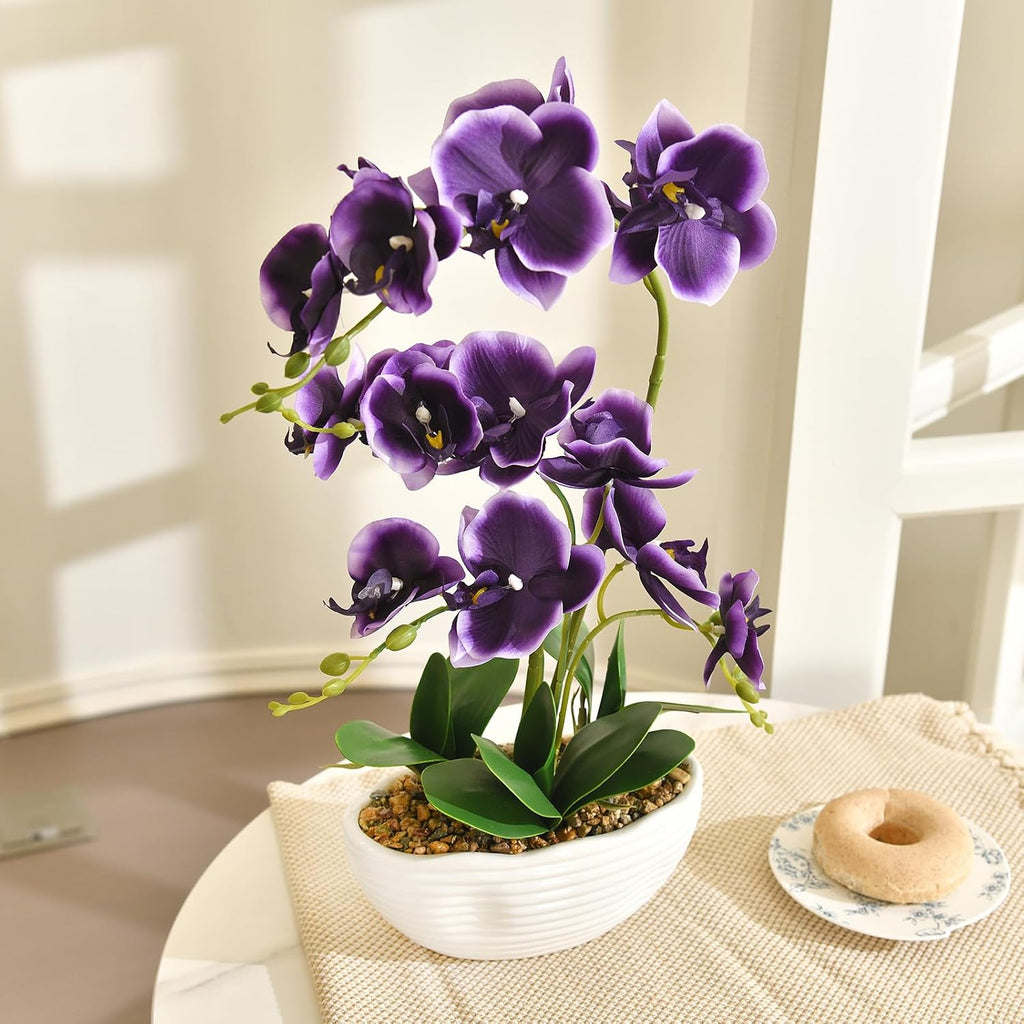 Large Silk Orchid in Wave Pot 19" Phalaenopsis Plant for Table, Deep Purple