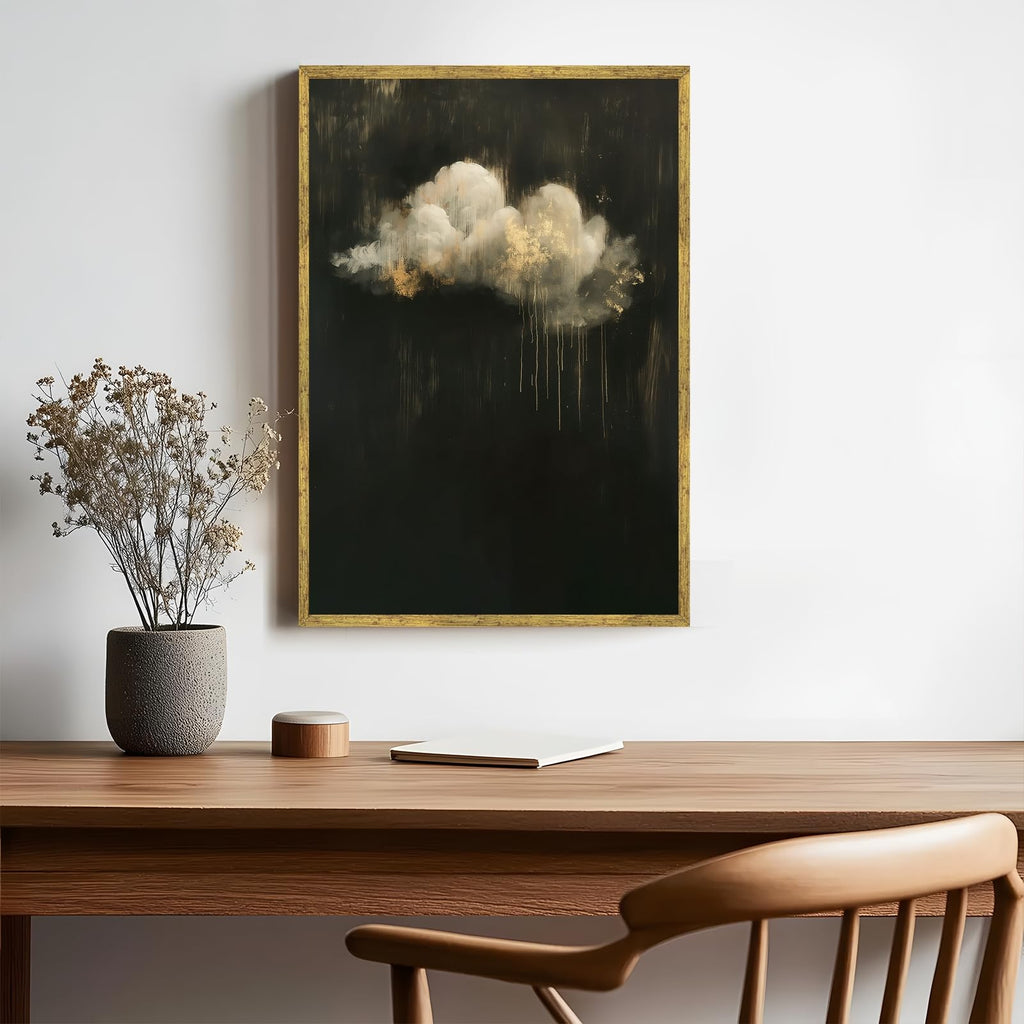 Gold Framed Abstract Cloud Wall Art Modern Darkness Moody Landscape Poster Minimalist Dark Academia Canvas Painting