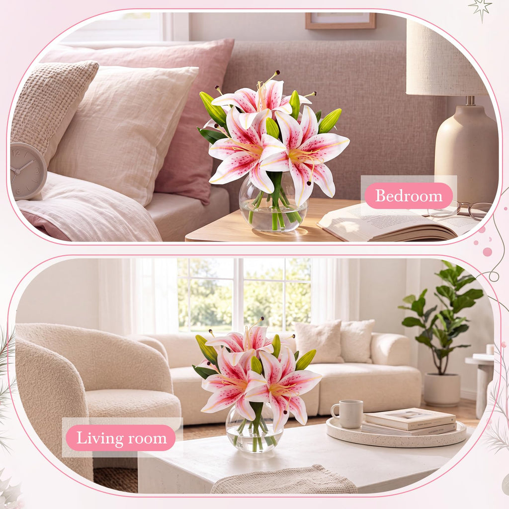 2 Pack Pink Lily Faux Flowers in Vase, Silk Lily with Faux Water