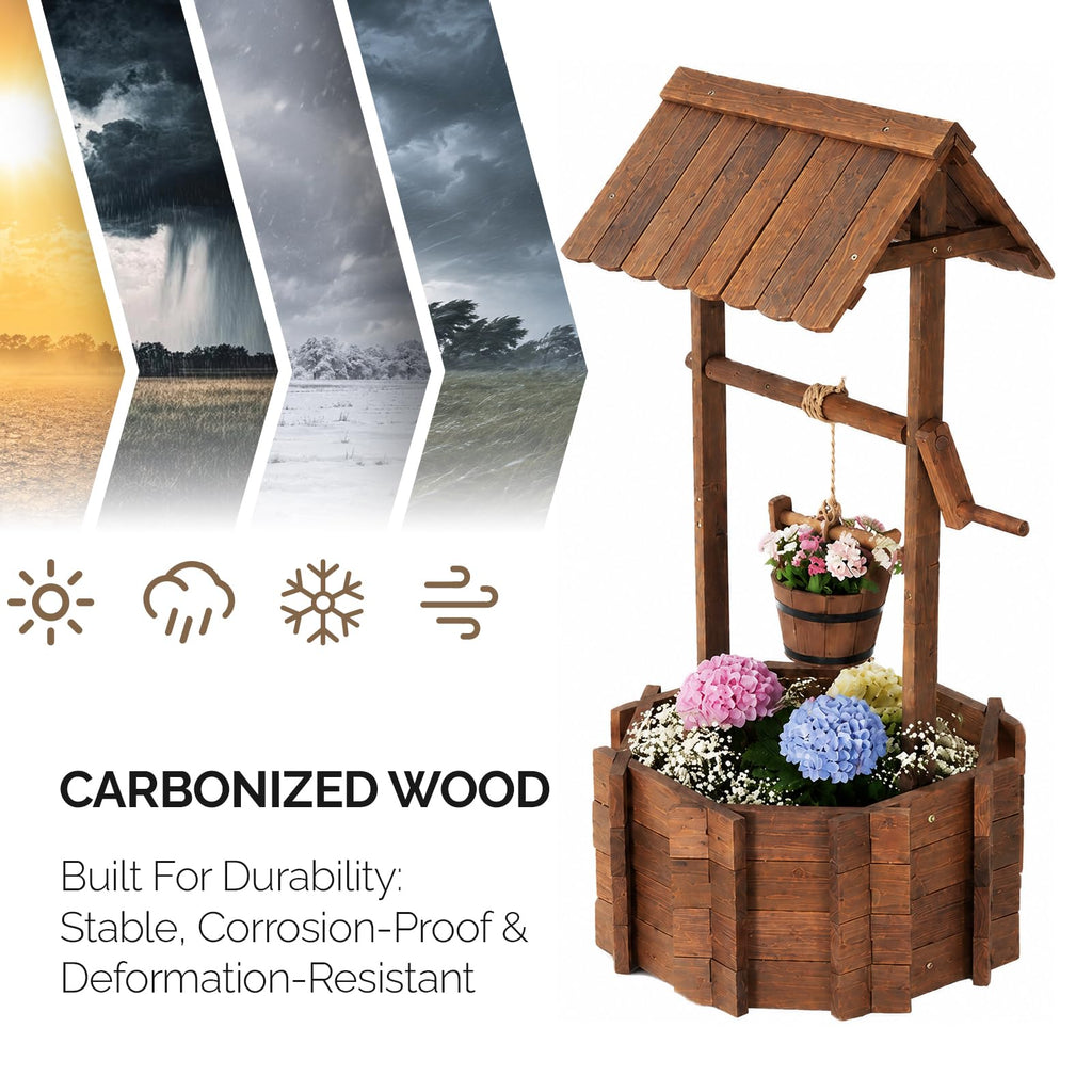 Wooden Wishing Well Outdoor Planters, Well Covers for Yard with 2 Reinforced Rods, Height Adjustable Hanging Bucket