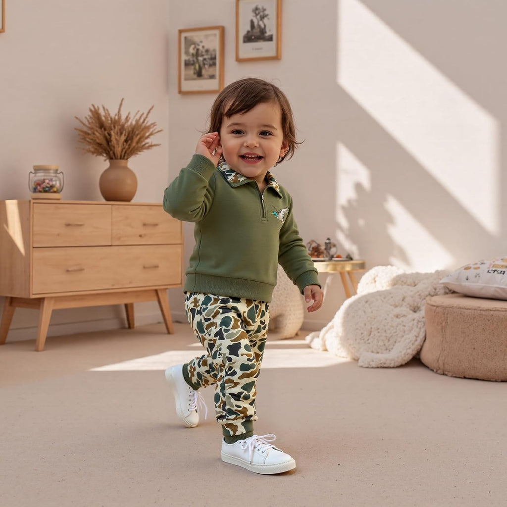 Toddler Baby Boy Hunting Outfits Duck Half Zip Long Sleeve Sweatshirt Tops Pants Set Cute Infant Fall Clothes