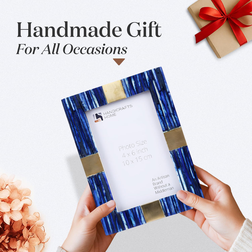 6x4 Blue Picture Frame, Handmade Bone Inlay & Brass Photo Frame for Tabletop or Wall Display, Decorative Frame for