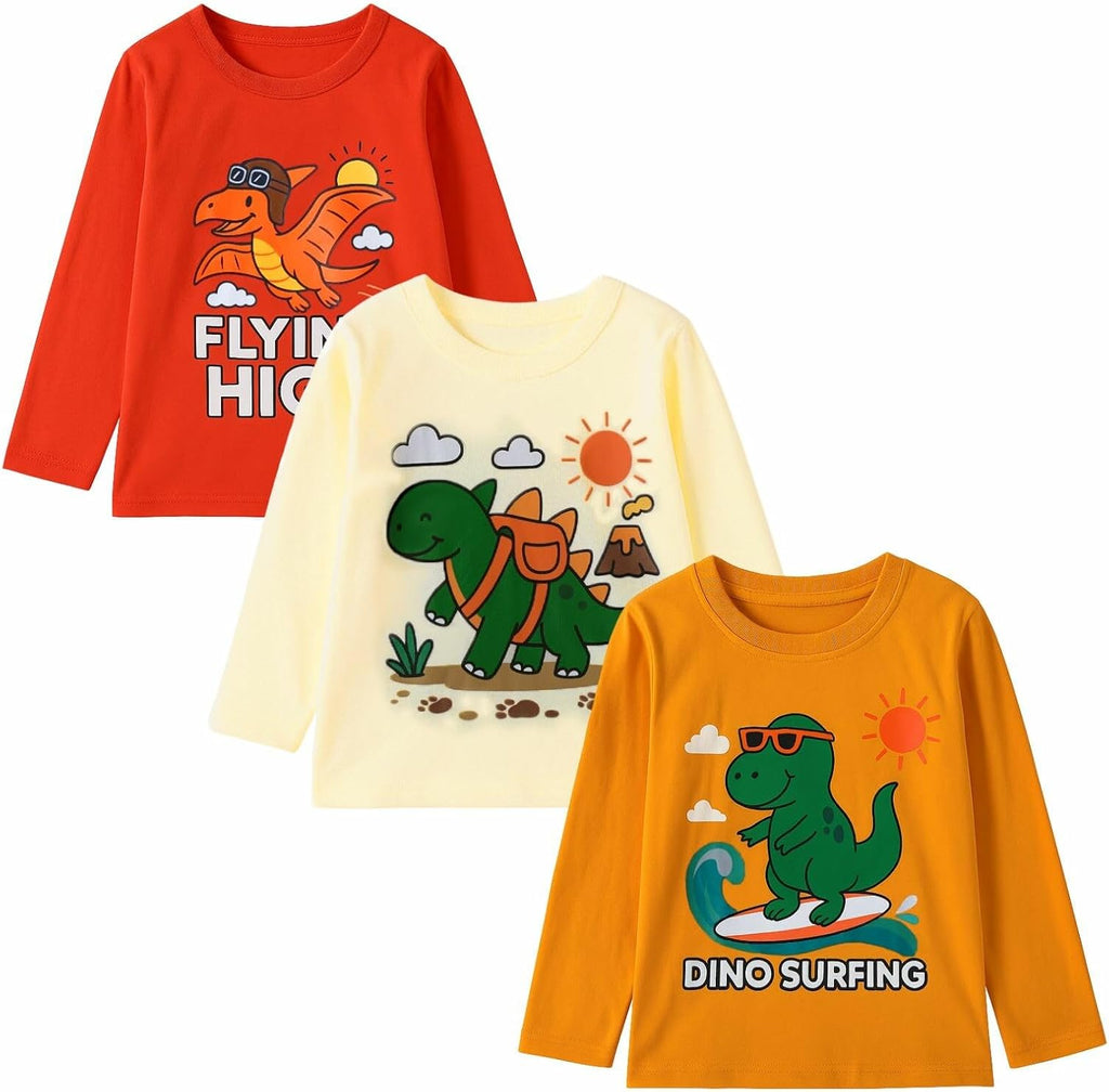 Toddler Boys Long Sleeve Shirts Graphic Cotton Casual Crewneck Tops, Fall Winter Layering Tees 3 Pack