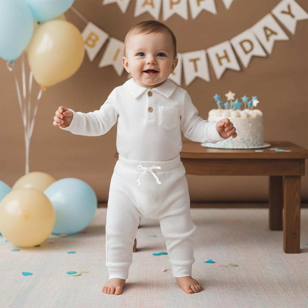 Baby Boy Clothes Solid Waffle Knit Long Sleeve Button Up Collared Romper Long Pants Set Fall Winter Outfits