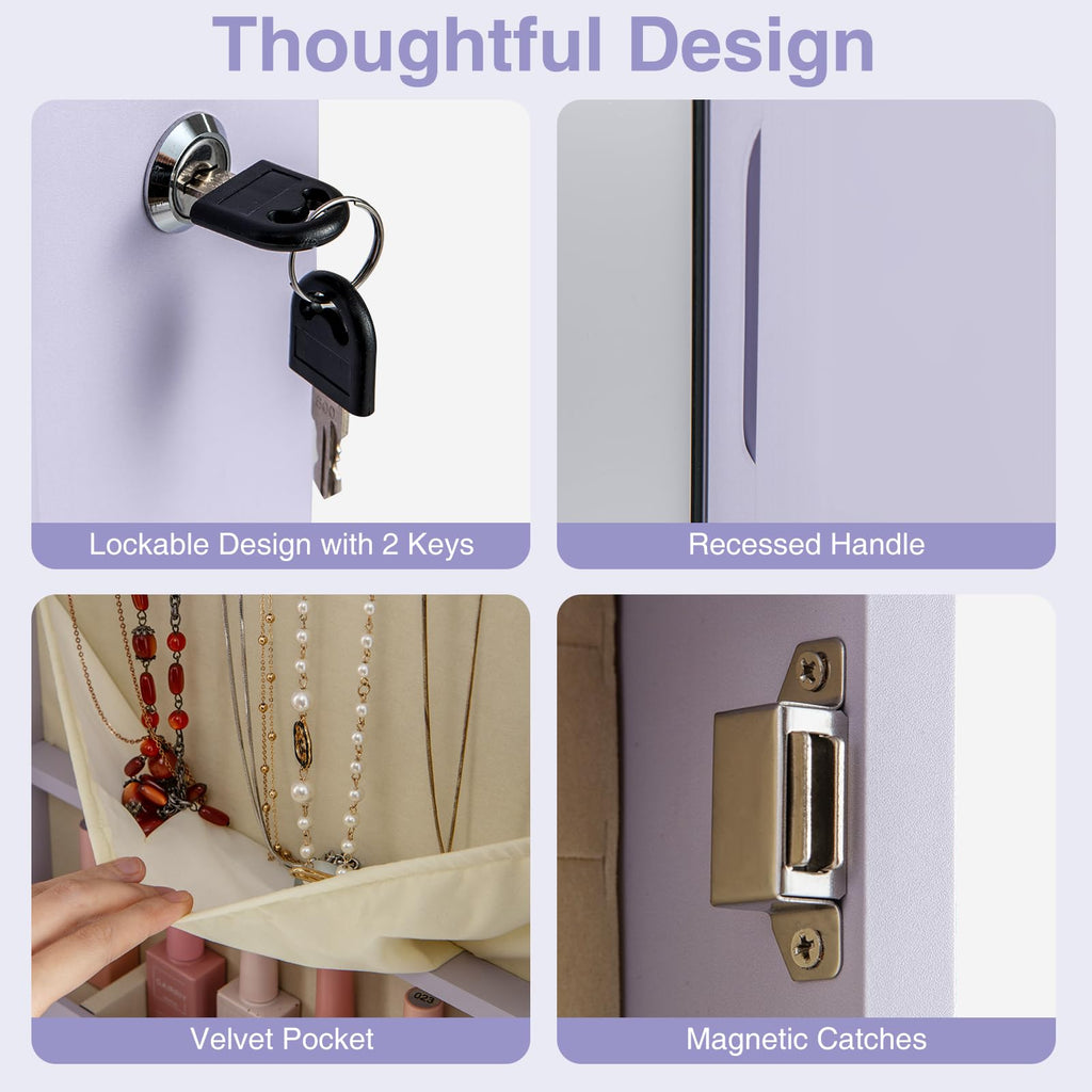 Wall Door Mounted Jewelry Armoire with 47.5" Full Length Mirror & 2 LED Lights, Large Storage Capacity, Lockable