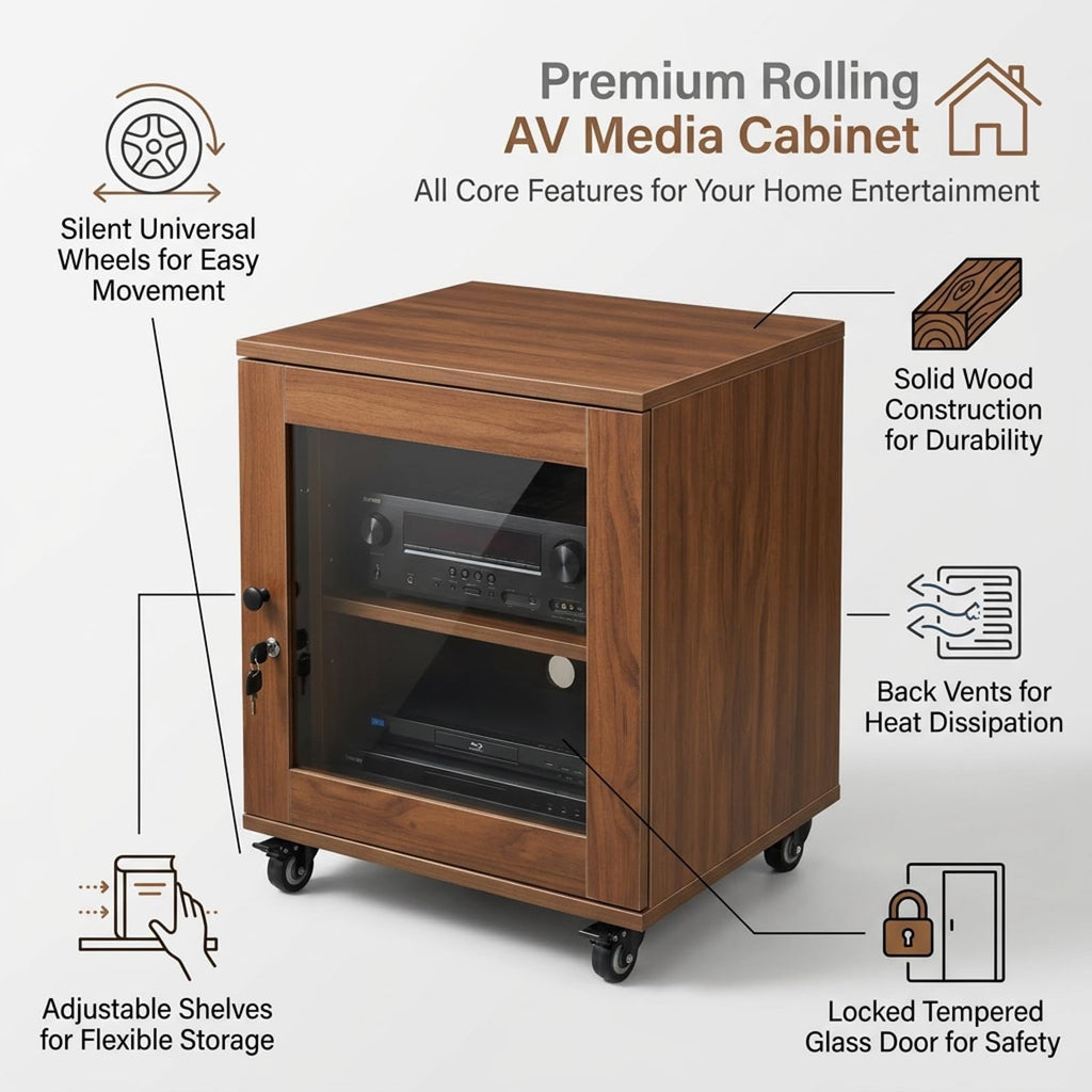 Walnut Wood Audio Rack With Tempered Glass Door, Solid Wood Cabinet