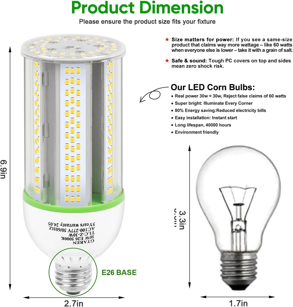 30W LED Corn Light Bulb,300W Equivalent,5000K Daylight,E26/E39 Base,4200 Lumens - Replace CFL/HPS/HID