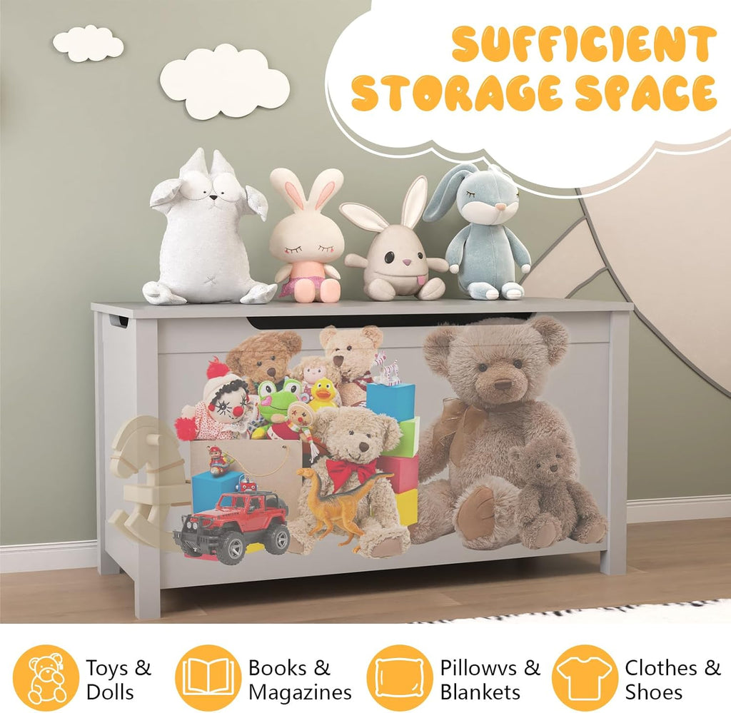 Kids Toy Box Chest, Large Wooden Storage Trunk Bench with Safety Hinged Lid for Ages 3+, Grey