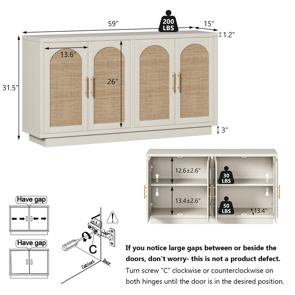 59" Rattan Sideboard Buffet Cabinet with Storage, 4 Arched Doors