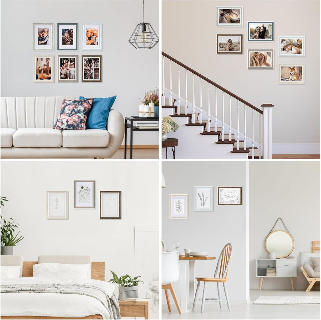 8x10 Picture Frame Set of 6, Rustic Farmhouse Photo Frame, Display 5x7 with Mat or 8x10 Without Mat for Decorative on