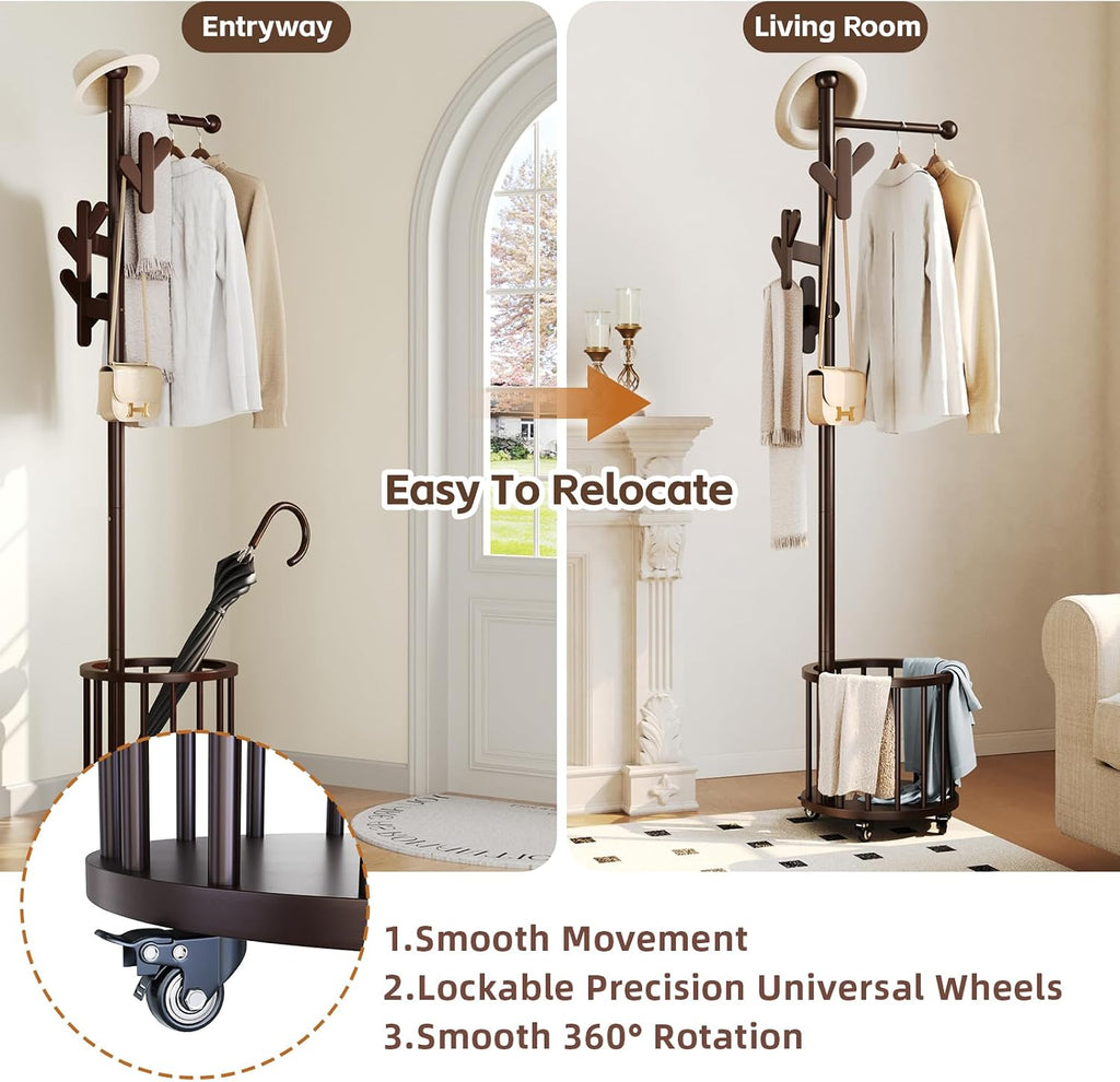 Freestanding Wooden Coat Rack with Umbrella Holder,Dark Walnut Coat Rack with Hooks, Space-Saving Entryway Organizer