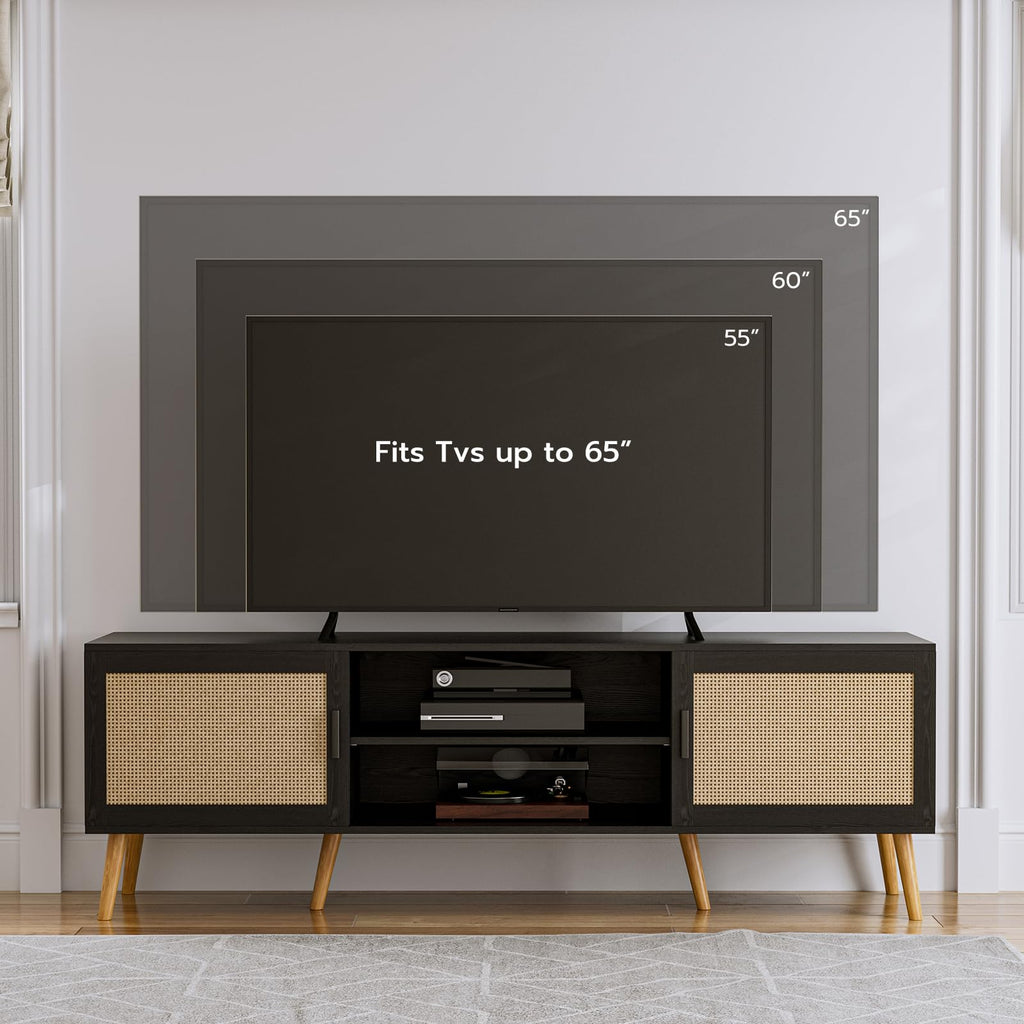 TV Stand with Rattan Doors for TVs up to 65", Mid-Century, Black