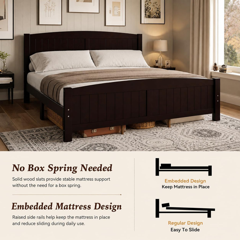 Queen Farmhouse Bed Frame with Headboard & Footboard, Mid Century Modern Bed Frame with Underbed Storage, Antique