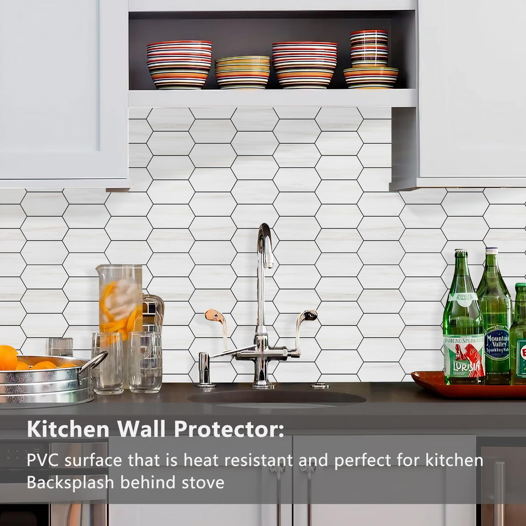 Long Hexagon Peel and Stick Backsplash Tile - 10 Sheets Stick on Backsplash 12.4 x 12 Inch Dolomite Marble Look PVC