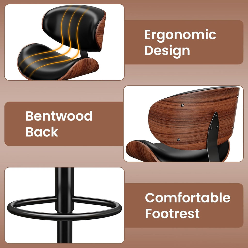 Swivel Bar Stools Set of 2 Counter, Adjustable Bentwood Barstools, Modern PU Leather Upholstered Bar Chair with Back