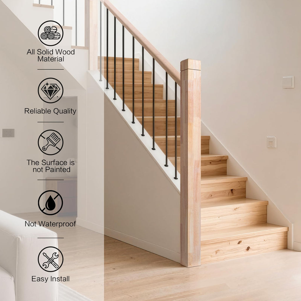 3.5" x 47" Rubber Wood Stair Newel Post with a Single Groove Notched Newel Wood Balusters for Staircase Indoor and