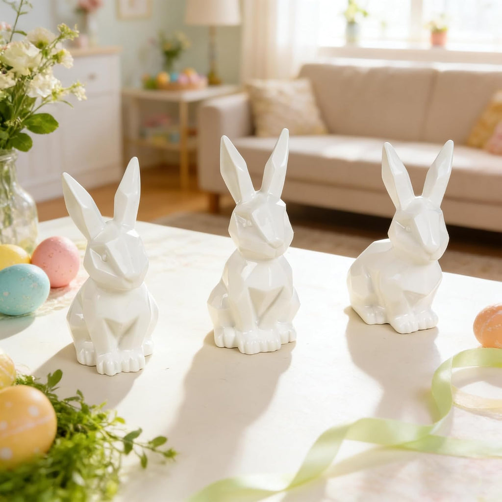 Easter Bunny Decorations, Ceramic White Rabbit Statues Ornaments, Lighted Bunny Table Centerpiece for Easter - Set of 3