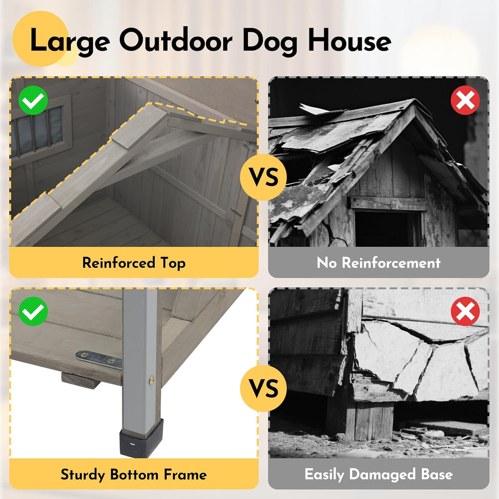59''L Extra Large Dog House with 2 Doors, Wooden XL Dog House Outdoor Weatherproof with Chew-Proof Iron Frame