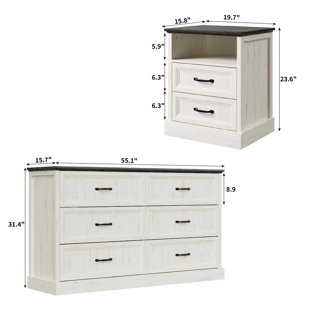 3 Pcs Farmhouse and Nightstand Sets, 6 Drawer & Nightstand Set of 2, Rustic Wooden Chest of Drawers Wide Storage