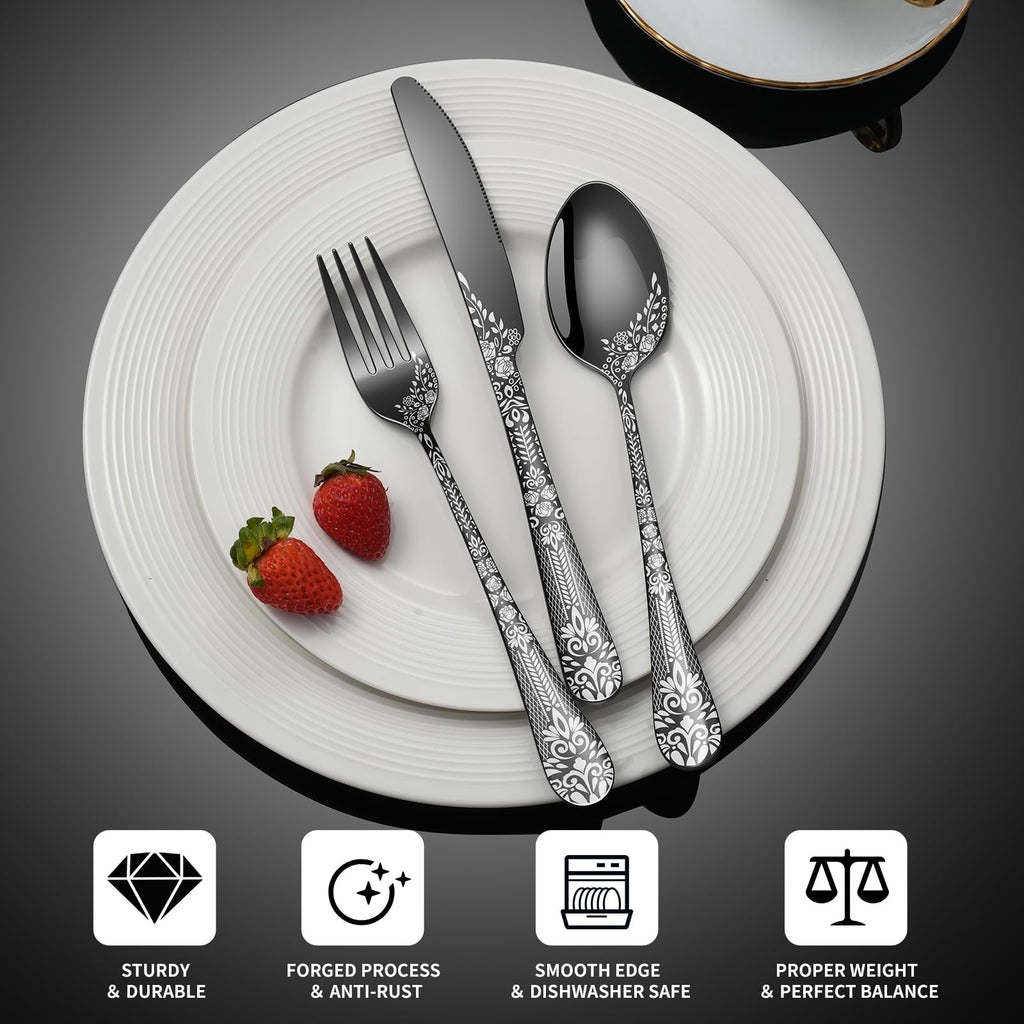 40 Piece Black Silverware Set, Stainless Steel Flatware Cutlery Set Service for 8, Mirror Polished Tableware Eating