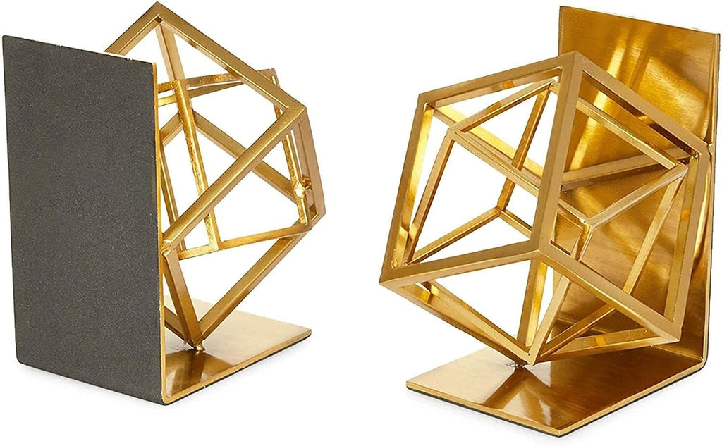 Gold Bookends - Heavy-Duty Metal Book Ends for Bookshelf Decor - Geometric Square Style for Decorative Books Display