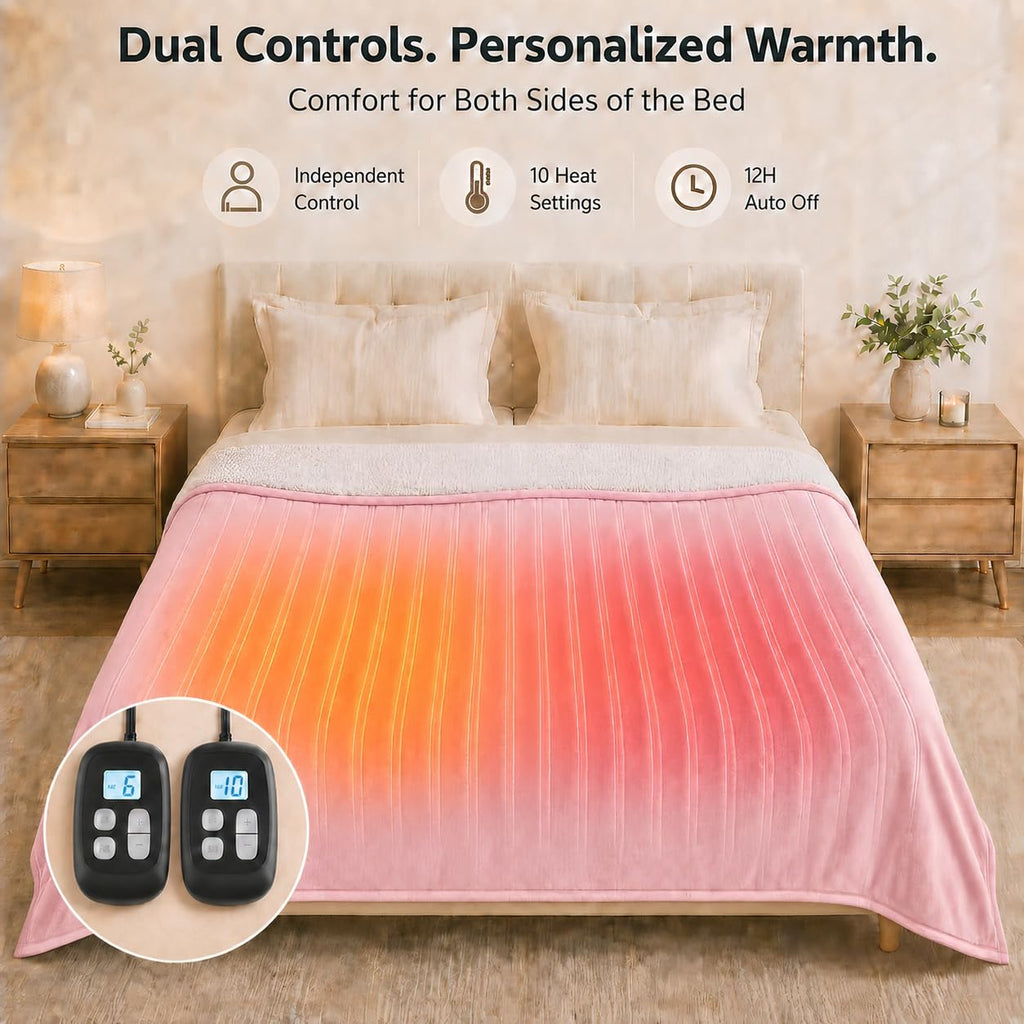 Electric Heated Blanket 90" x 100", Soft Flannel for Bed, Couples, 10 Heat Settings, 1-12H Auto Shut Off