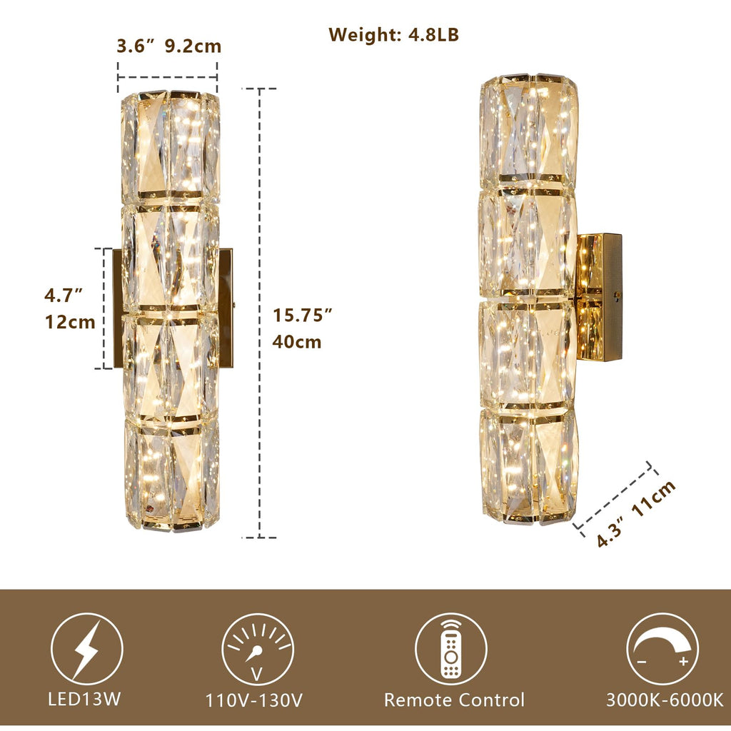 Gold K9 Crystal Wall Sconce, Hardwired LED Wall Light