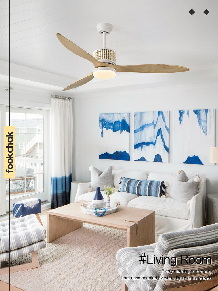 60in Boho White Ceiling Fan Lights with Remote Control 3 Blade Wood Bead Ceiling Fans with Light Coastal Natural Wood