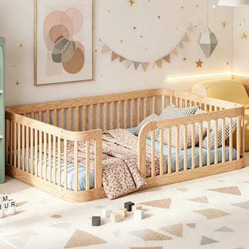 Full Size Montessori Floor Bed with 24" High Fence & Rounded Corners Design, Sturdy Wood Montessori Bed Frame, No