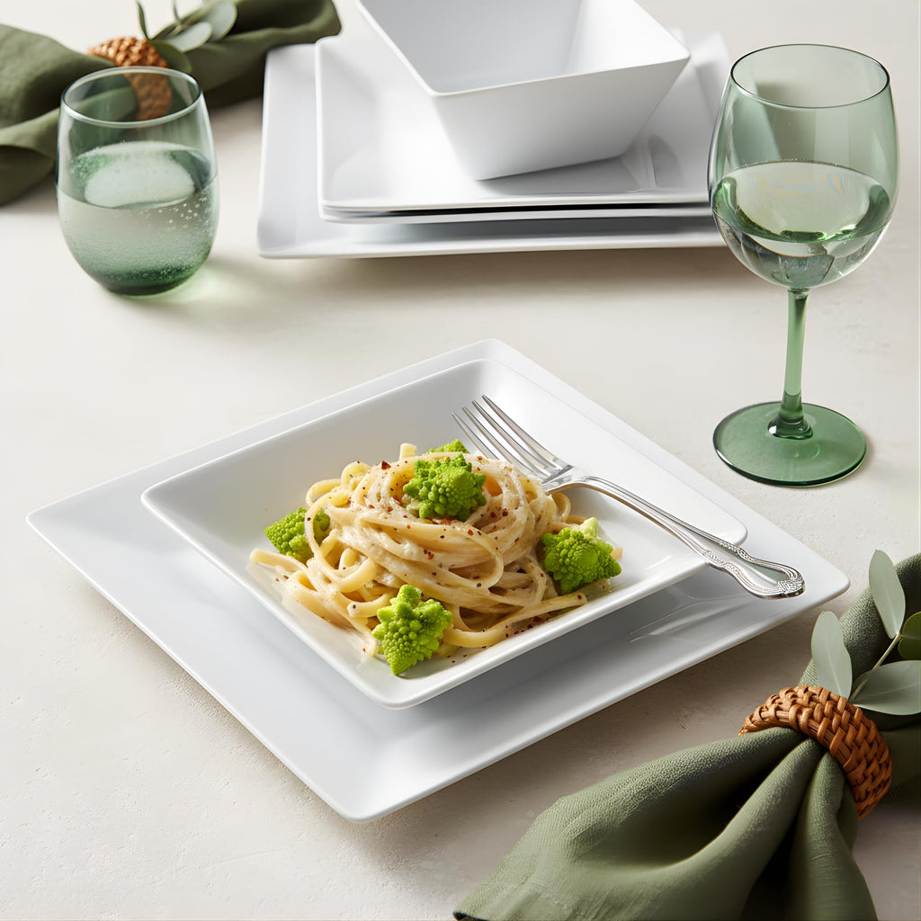 TP 12-Piece Melamine Dinnerware Sets, Square, Service for 4, White