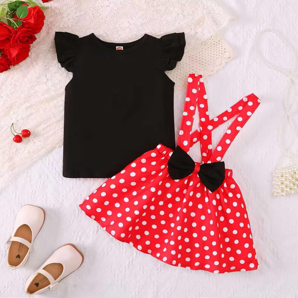 Baby Girls Skirts Set Ruffle Cloth +Polka Dot Overall Dress Bow Polka Dot Skirt Set, Short Sleeve, Black