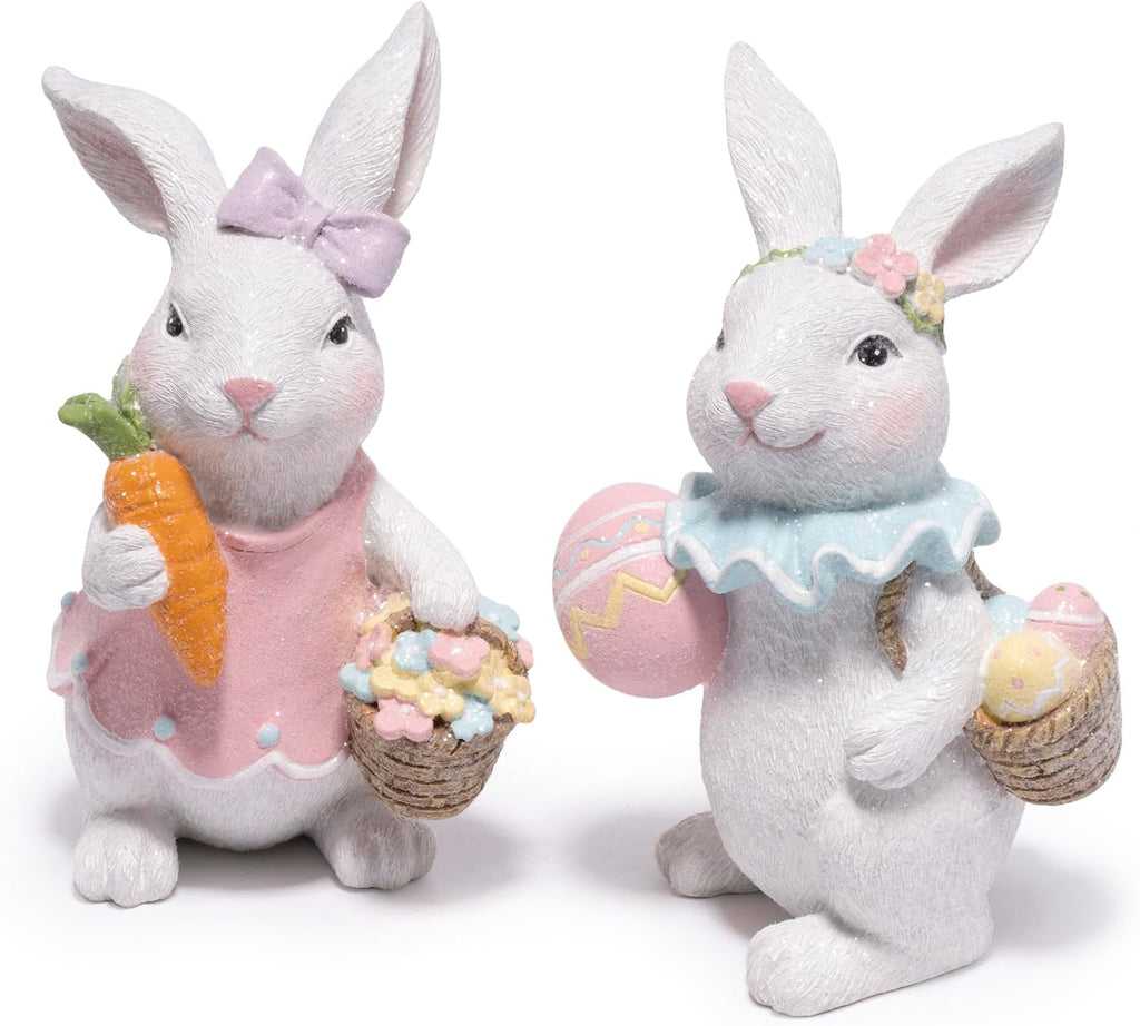 Easter Bunny Figurines Set, Spring Rabbit Decor with Easter Eggs Basket, Floral Wreath Bunny Statues, Tabletop Home - Set of 2