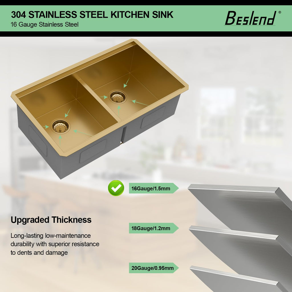 33 Gold Undermount Kitchen Sink Double Bowl
