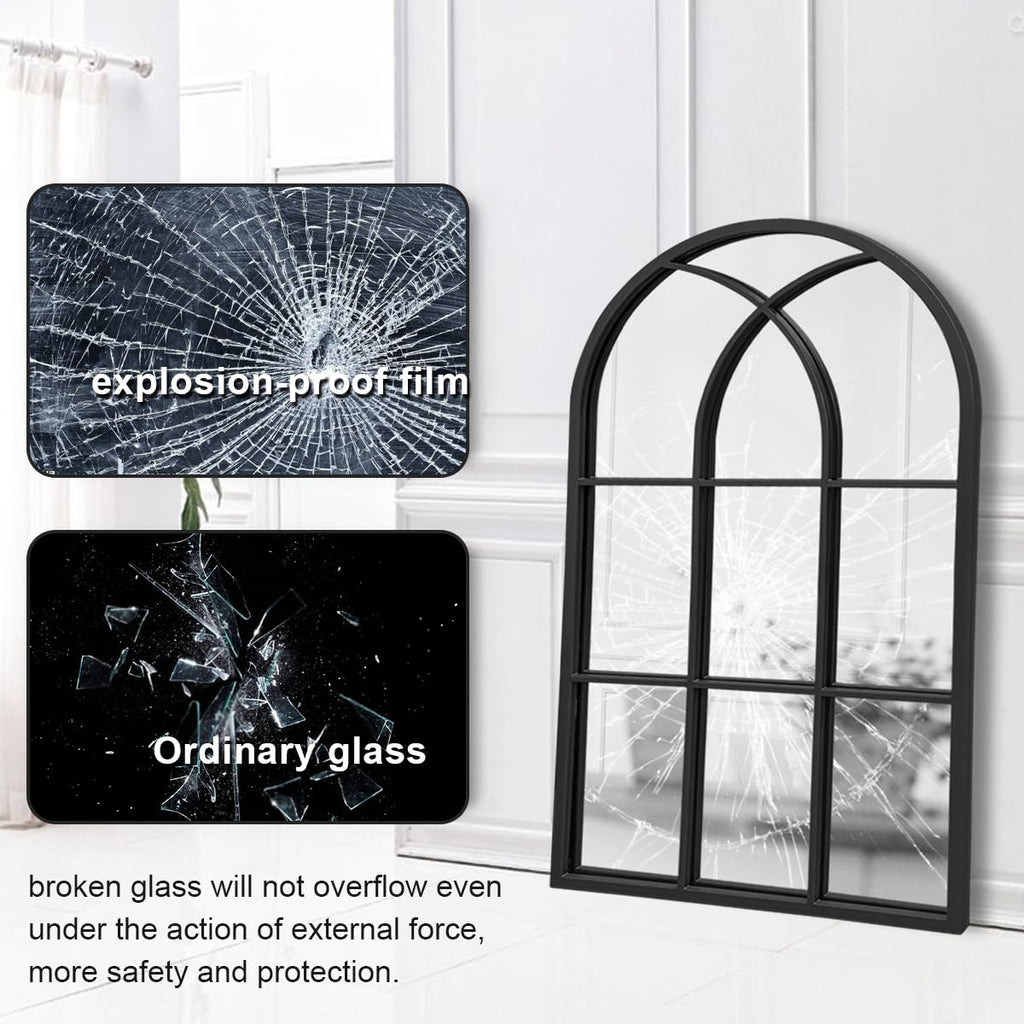 Arched Window Wall Mirror, 30"x20" Windowpane Mirror, Black