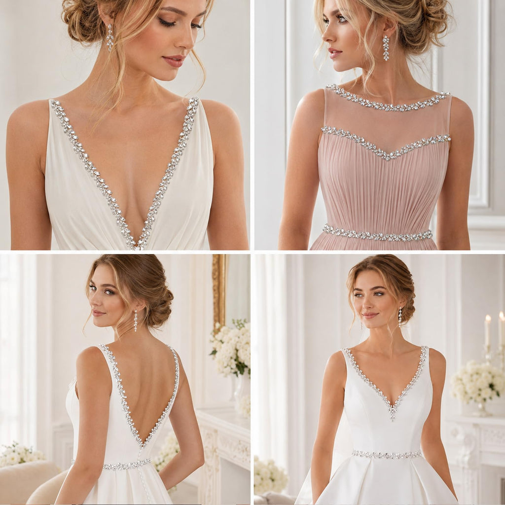 Silver String Strips Crystal Rhinestone Chain Trim Applique Diamond Applique Embellishment for Wedding Bridal - 3 Yards