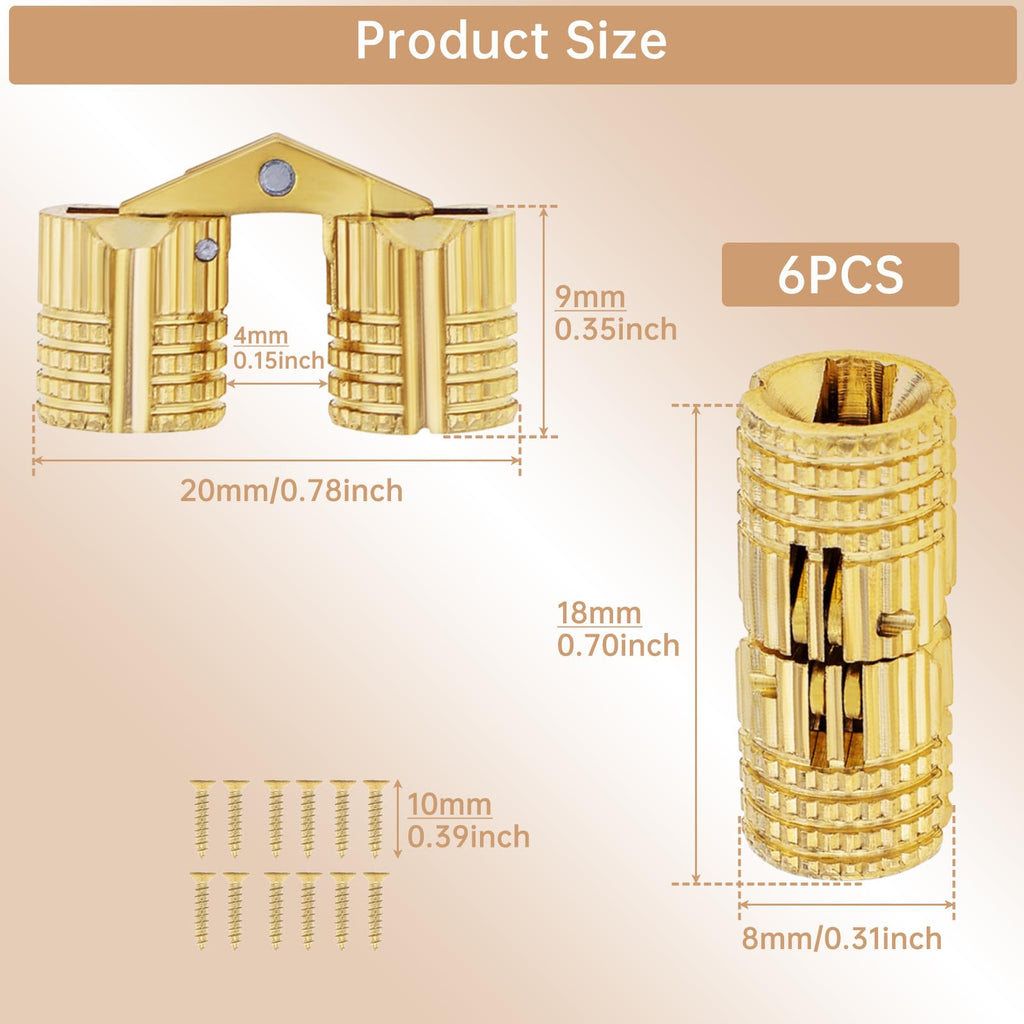 6Pcs 8 mm Hidden Brass Barrel Hinges, 180 Degree Concealed Hinge for Wood
