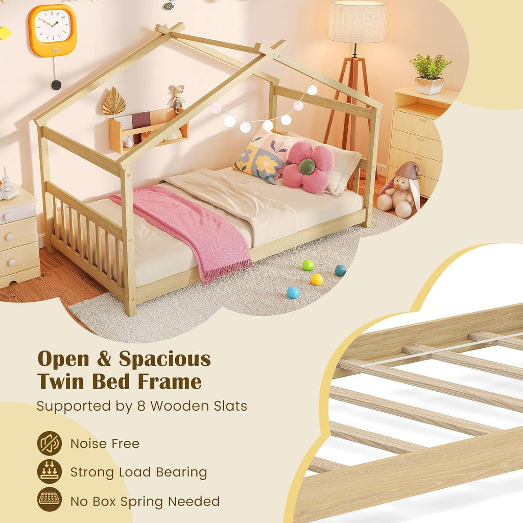 House Bed Twin, Solid Wood Kids House Bed with Roof, Headboard and Footboard, Low Floor Twin Bed Frame for Kids Teens