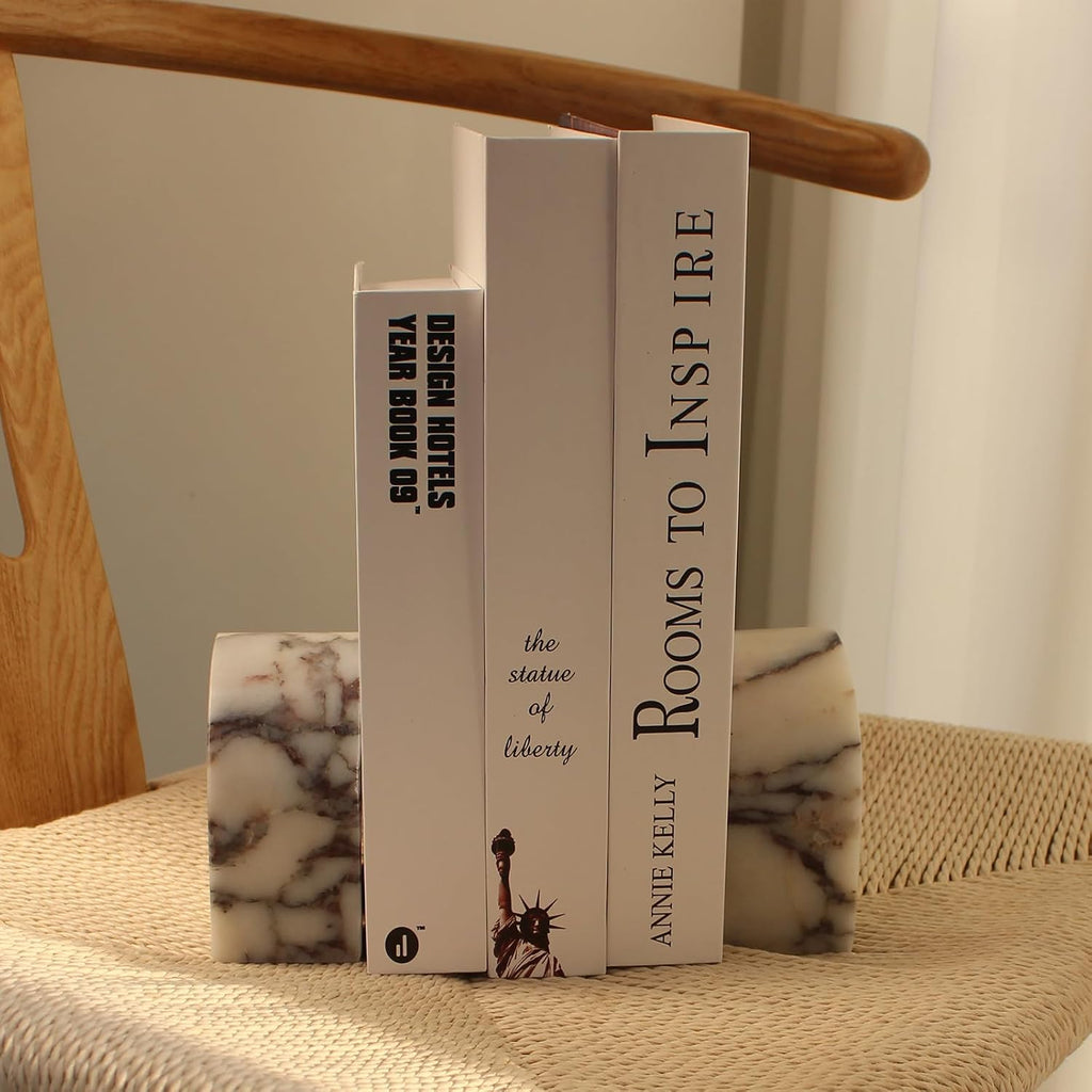 Set of 2 Natural Calacatta Viola Marble Bookends for Shelves, Decorative Book Ends for Heavy Books, Book Stopper