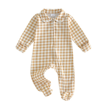 Newborn Baby Boy Girl Gingham Footed Romper Plaid Print Peter Pan Collar Long Sleeve Jumpsuit Coming Home Outfit