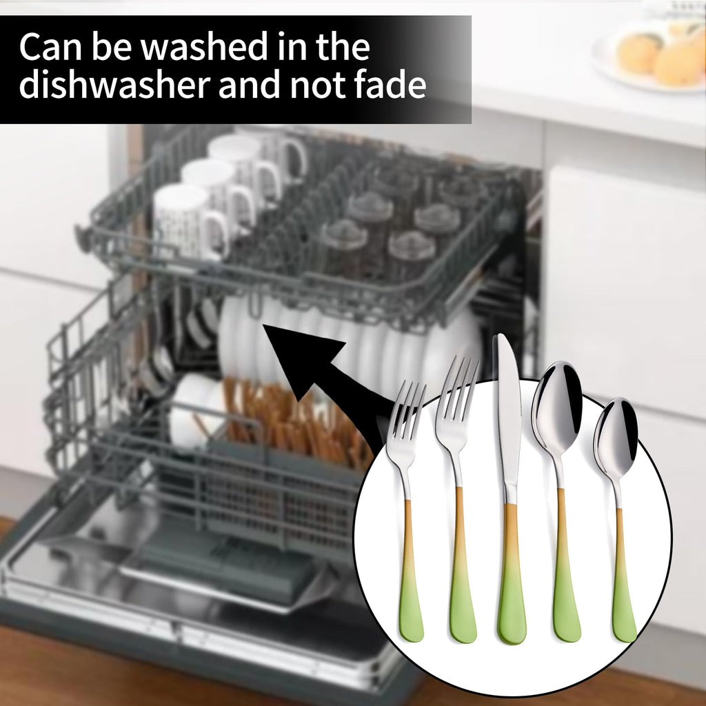 20-Pieces Color Silverware Sets for 4,Green and Orange Handle Stainless Steel Cutlery Set, Include Forks Spoons and