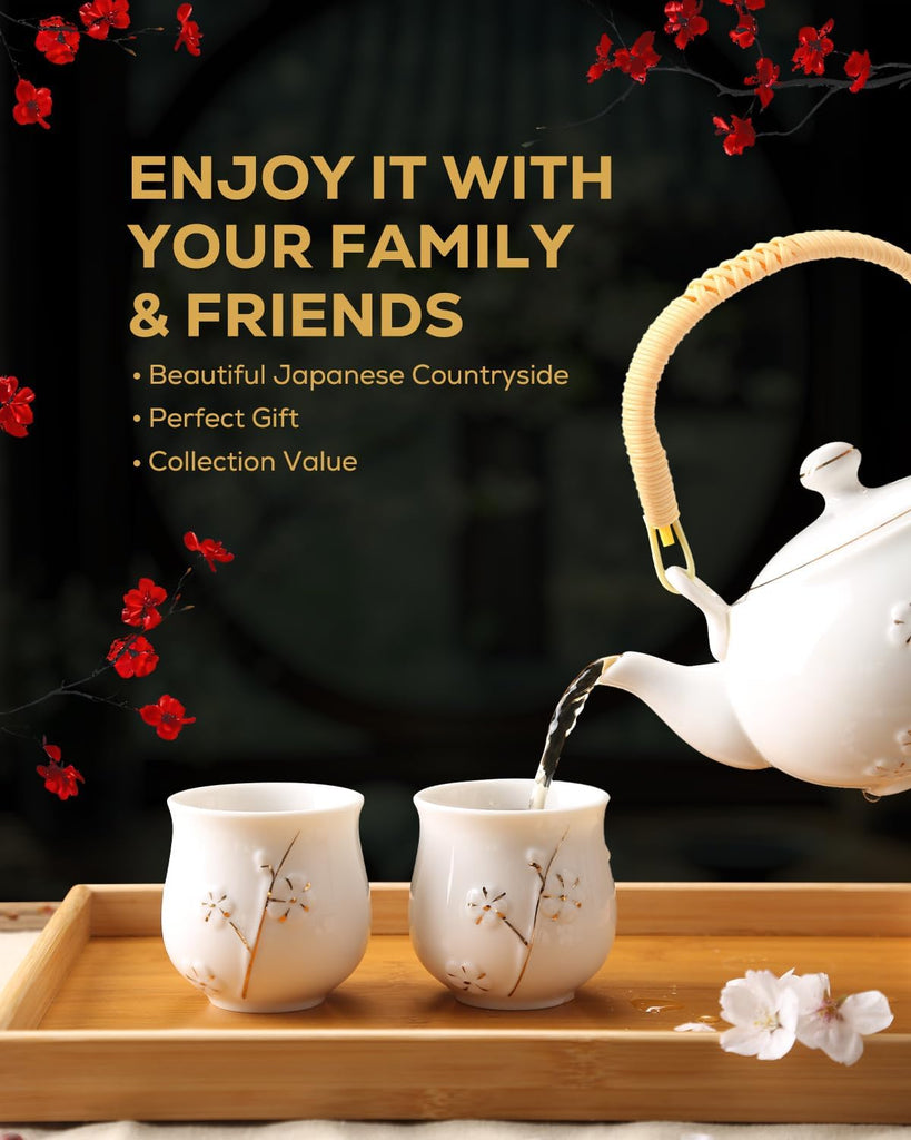 Japanese White Porcelain Tea Set - Teapot, 6 Tea Cups, Tray & Stainless Infuser - Plum in Golden