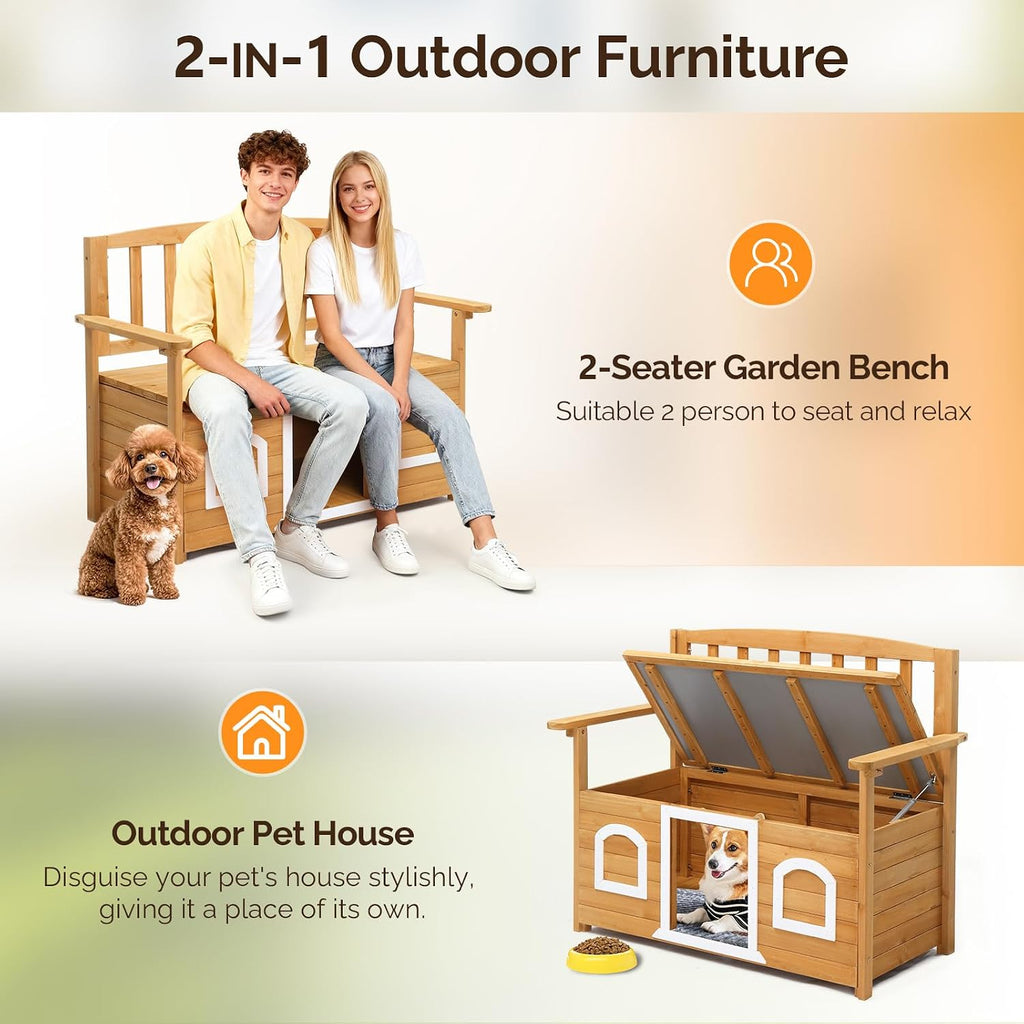 Outdoor Dog House, Wood Bench with Dog House for Small Pets, Outdoor Cat House with Flip Seat for Easy