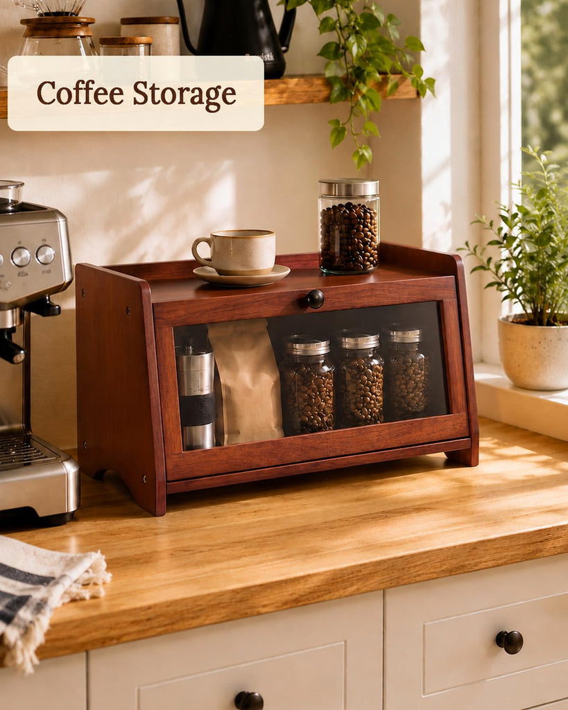 Bread Box - Countertop With Top Shelf For Fruit,1 Tier, Brown