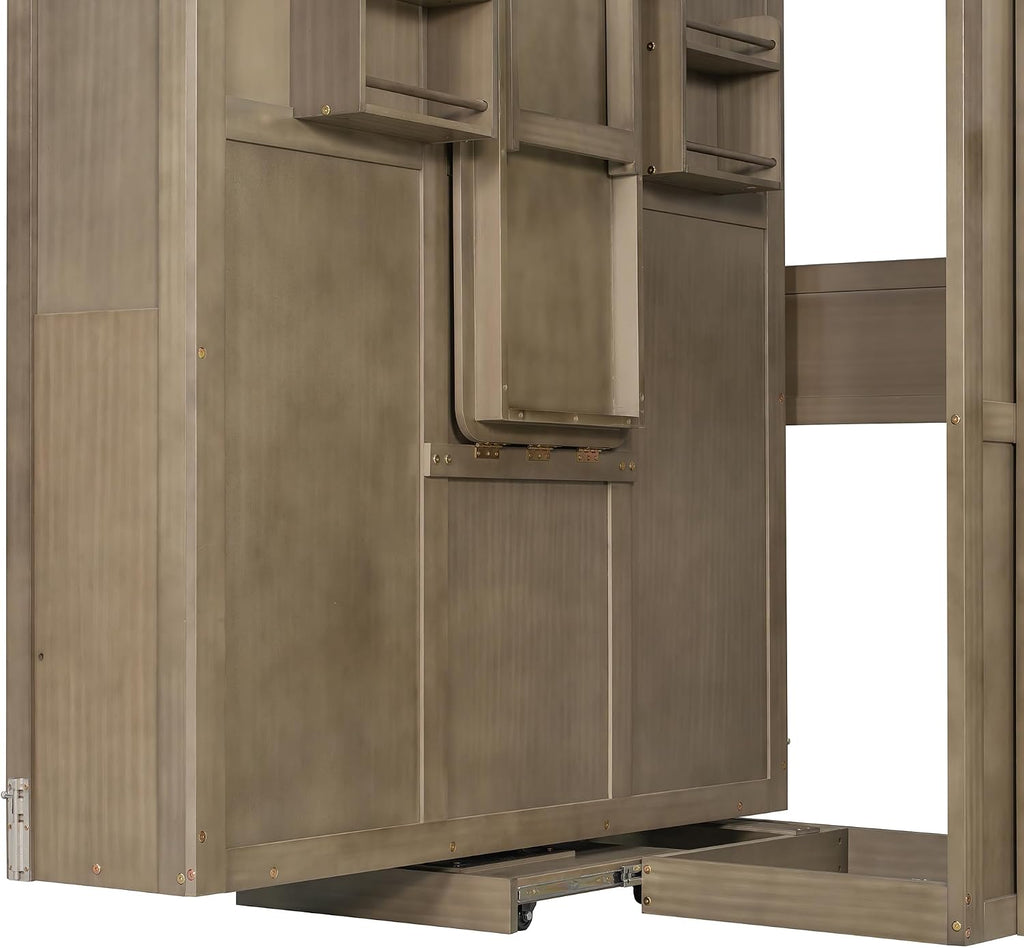 Murphy Bed Queen Hideaway Wall Chest with Cabinet,Dual 3-Tier Side Shelves,Convertible Desk,Space-Saving