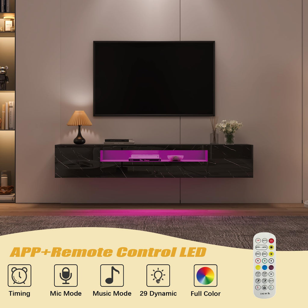 Floating TV Stand for 55 65 70 75 78 85 inch TV, Entertainment Center with LED Light and Storage Cabinet High Gloss