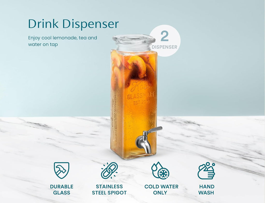 Glass Drink Dispenser, with Leak-Proof Stainless Steel Spigot, Clear Rectangular Mason Jar, Beverage Storage