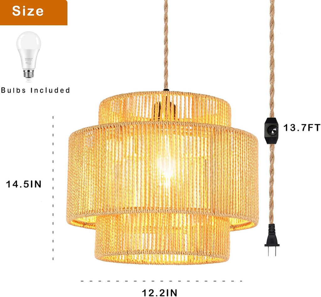 Plug in Pendant Light Hanging Lights with Plug in Cord Hanging Lamp Boho Rattan Dimmable Wicker Bamboo Woven Shade